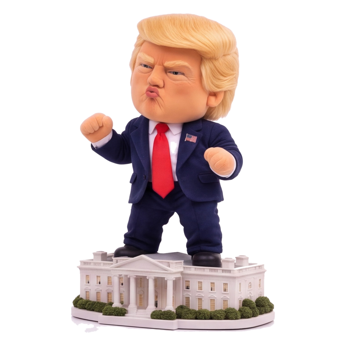 Talking Trump desk toy, three-quarter front view with fists raised