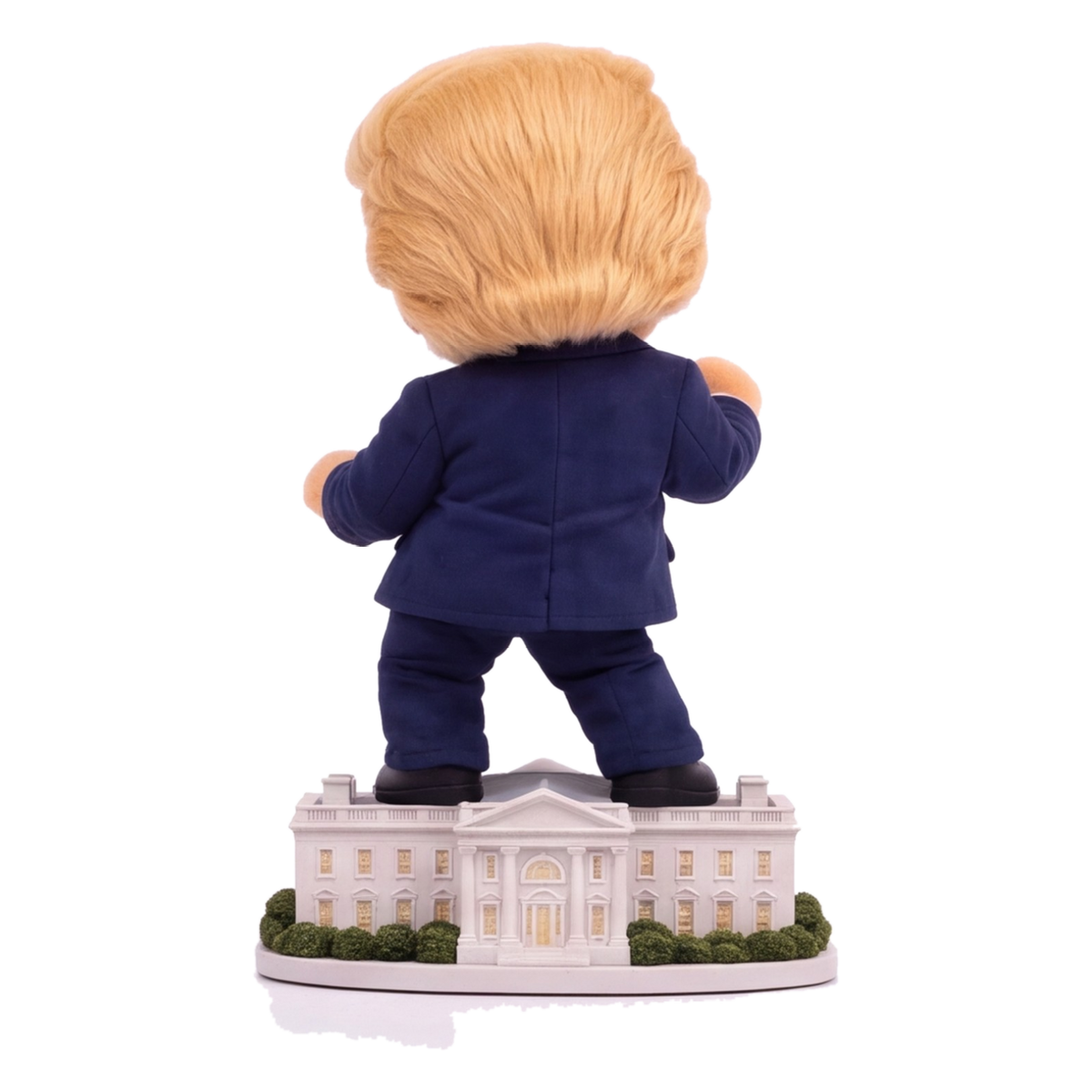 Talking Trump desk toy, back view with detailed White House base