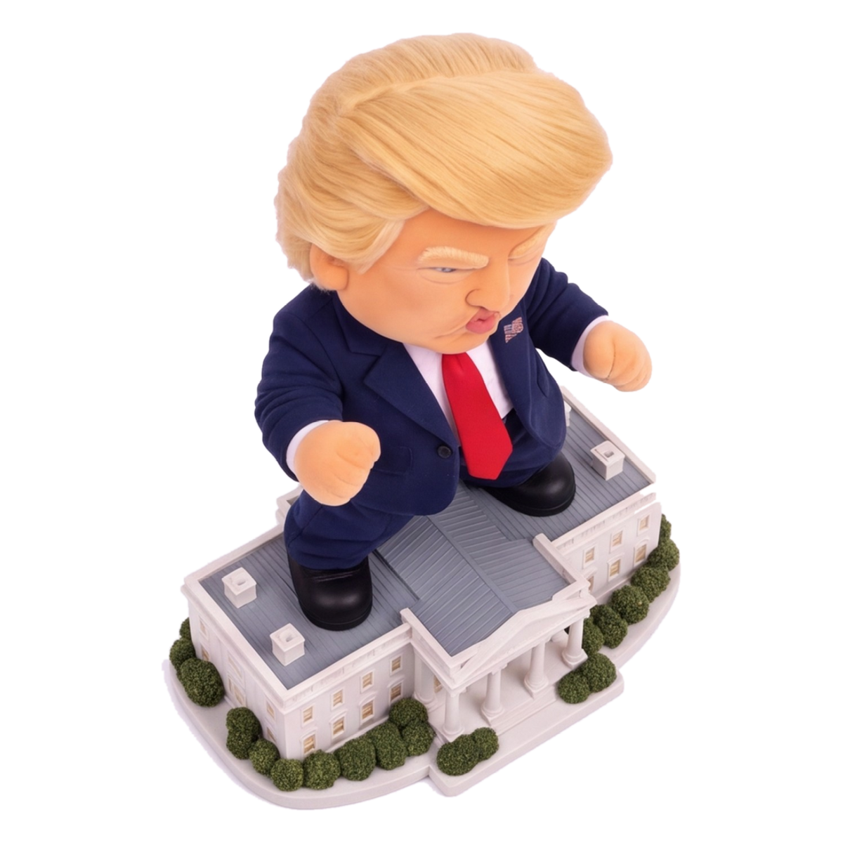 Talking Trump desk toy, top-down view standing on the White House roof